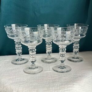 Bryce Set of 5 Floral Cut Crystal Tall Champagne Sorbet Glasses